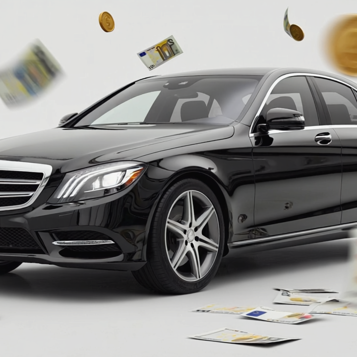 Fotografía realista de un coche moderno y elegante, con un efecto sutil de billetes de euro o monedas flotando alrededor o integrados en el diseño de forma artística, sugiriendo ahorro y eficiencia L